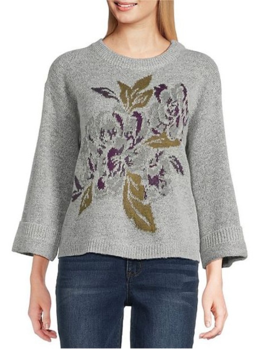 Democracy Gray Floral Knit Sweater Women's Medium Purple Olive NWT